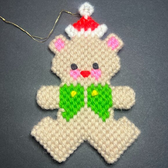 Vintage Finished Needlepoint Teddy Bear Christmas Tree Ornament 5 x 3.25" - Picture 2 of 3
